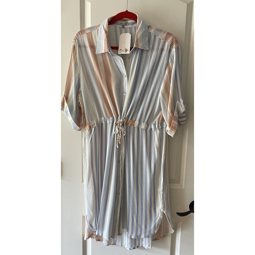 White Birch Large Red White Blue Striped Shirt Dress NWT SHEER Bin S